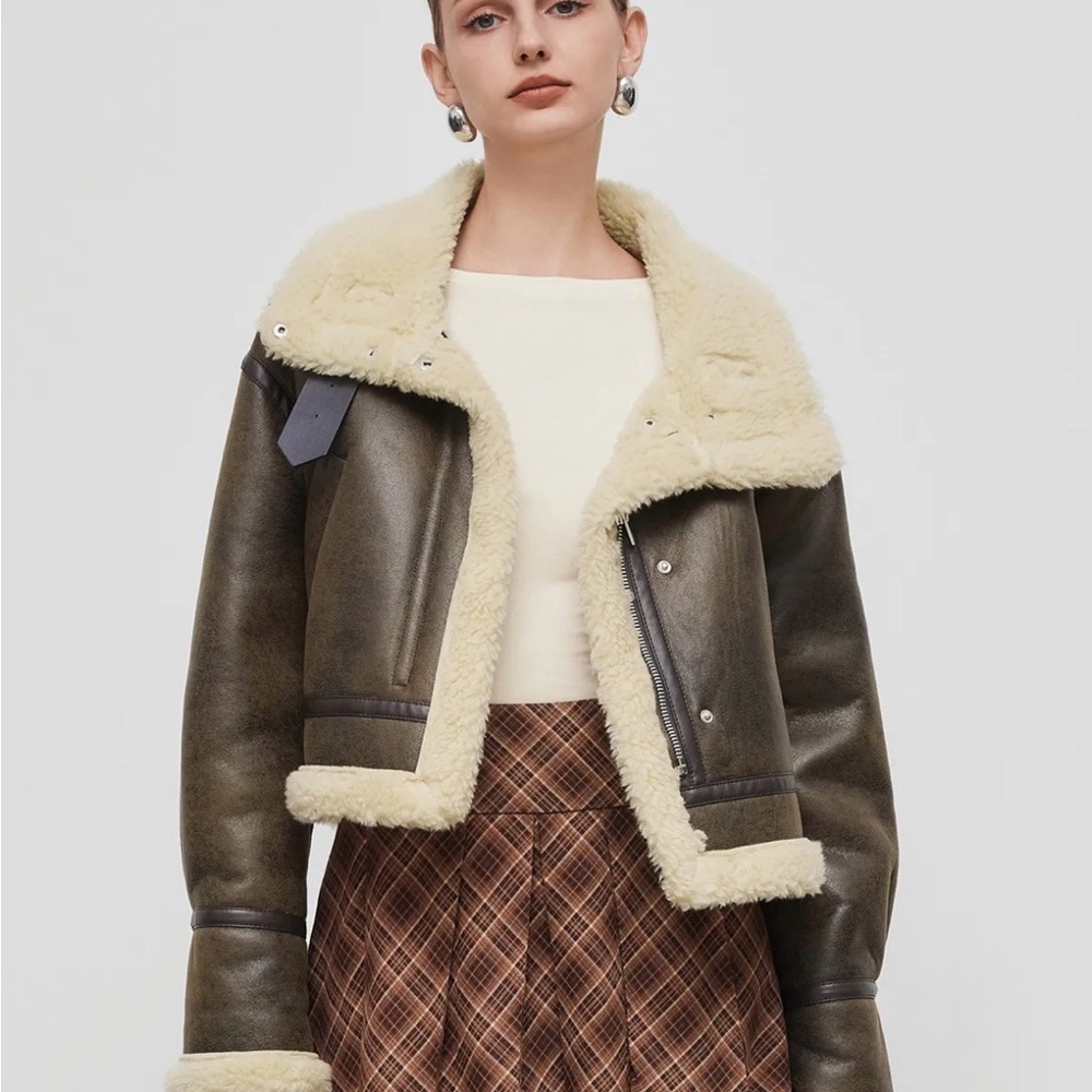 Faux Shearling Collar Belted Pocket Oversized Brown Jacket Sz L